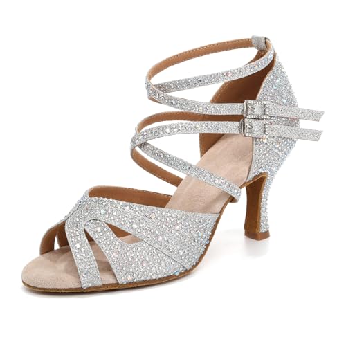 Uonpie Tanzschuhe Damen Latein Glitzer Strass Professionelle Salsa Partei,L602-Silber-7.5,37 EU von Uonpie