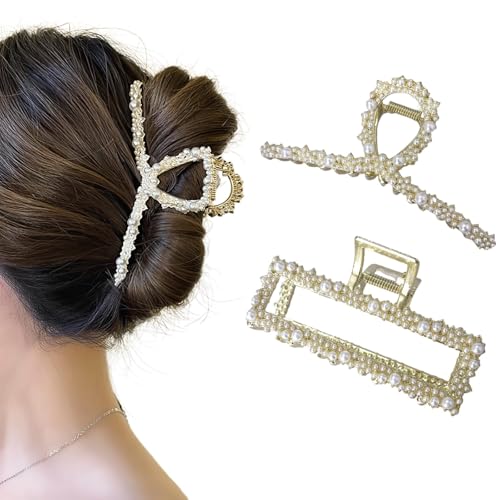Uoocg 2 Stück Perlen Haarklammer Groß Gold Metall Haarspangen Damen elegante haarclips für Frauen und Mädchen Dickes Haarschmuck von Uoocg