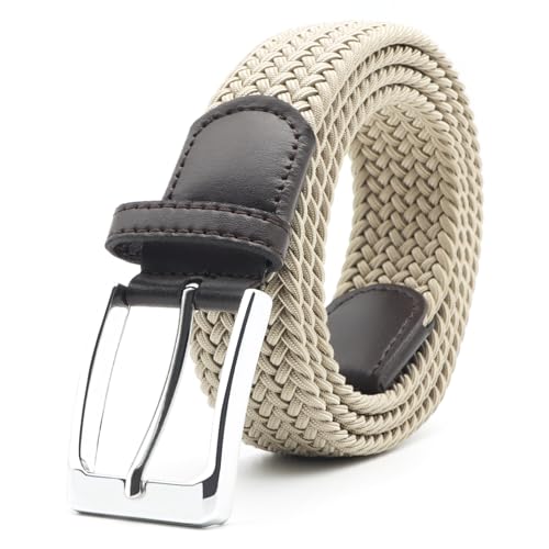 Uoocg Flechtgürtel 3.4cm | Elastischer Polyester-Stretchgürtel Damen/Herren | Dehnbarer Unisex-Gürtel für Hosen | Größen auswählbar | Beige Kakifarbener 100cm von Uoocg