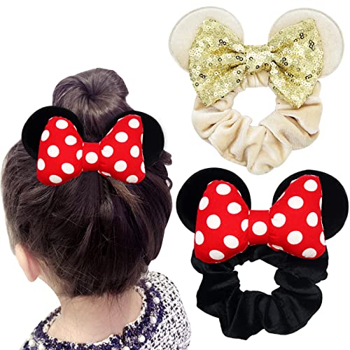 Mouse Ears Hair Scrunchies for Girls Ladies, Uooker 2 Pcs Velvet Hair Ties with Cute Bows, Elastic Hair Bands Pferdeschwanz Holder Lovely Hair Accessories for Birthday Parties Cosplay Costume(Black & von Uooker