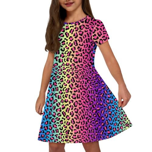 Uourmeti Lässiges Kleid für Kinder von 2–3 Jahren, Sommerkleid, kurzärmelig, Midi-Kleid, Regenbogen, Neon-Leopard, 5-6 Jahre von Uourmeti