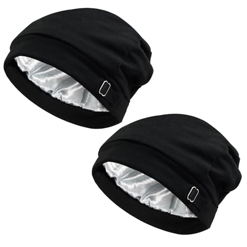 2 Pcs Satin Bonnet Schlafmütze Seide, Unisex Seide Seidenmütze, Verstellbare Schlafmütze, Schlafhaube zum Schlafen,Satin Lined Beanie Slouchy Chemotherapie Lockenhaube, Schwarz von Uoww