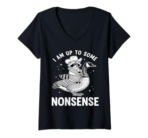 Damen Waschbär Cowboy Reitet Gans Lustiger Tier Unsinn T-Shirt mit V-Ausschnitt von Up To Some Nonsense Humor Collective