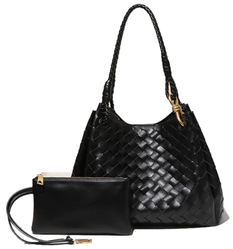 2 Stück Slouchy PU-Leder gewebte Eimer-Hobo-Taschen für Damen, Unterarm-Schulter-Crossbody-Tasche, Handtasche mit Tragegriff oben, 2025, Schwarz, Einheitsgröße von Upbull