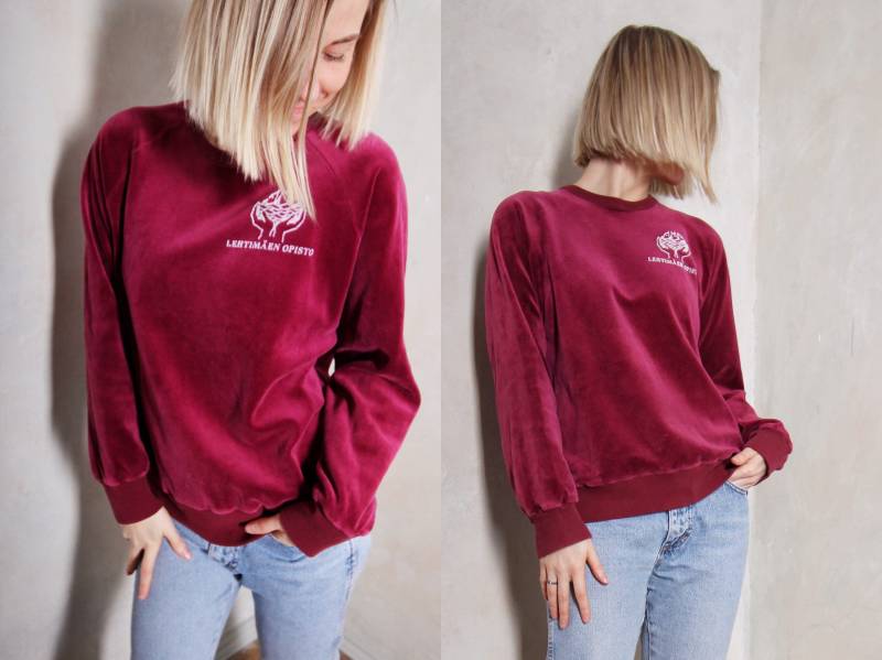 Samt Lila Vintage Pullover | Velourpullover 80Er Sportbekleidung Weicher Top Bequemer Retro von UpcycledByMistinskin