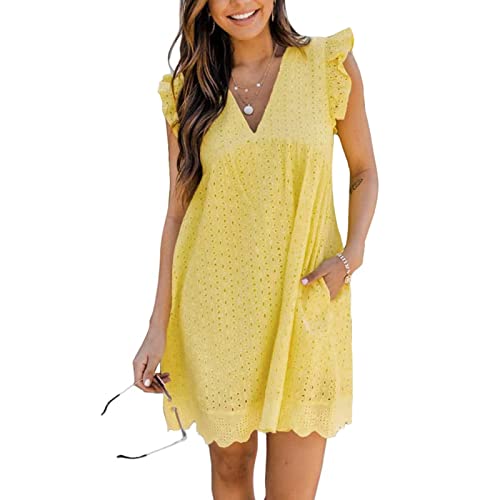 California Romper Dress with Shorts,Cotton Short Skirt Solid Color Dress California Lace Dress Romper (Yellow,M) von Updays