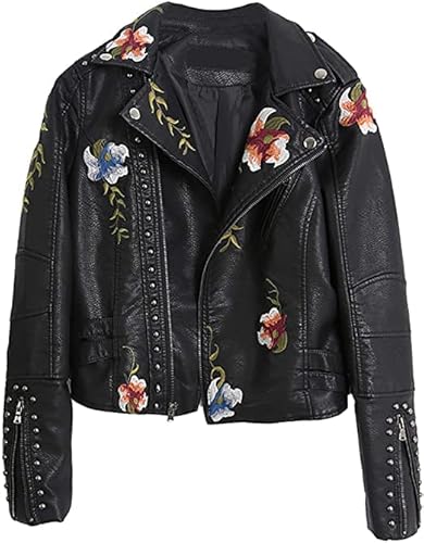 Updays Damen bestickte Kunstlederjacke, Damen Punk Floral besticktes Kunstleder Moto PU Jacke Mantel, Damen PU Leder bestickte Blumen seitlicher Reißverschluss Umlegekragen Jacke (A-XXL) von Updays