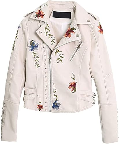 Updays Damen bestickte Kunstlederjacke, Damen Punk Floral besticktes Kunstleder Moto PU Jacke Mantel, Damen PU Leder bestickte Blumen seitlicher Reißverschluss Umlegekragen Jacke (B-M) von Updays