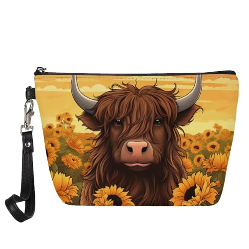 Upetstory Make-up-Tasche mit Tiermotiv, klein, Leder, Reise-Kosmetiktasche für Mädchen und Frauen, Handgelenk-Clutch für Lippenstift, Handy, bunt, Highland Cow 2, Small von Upetstory