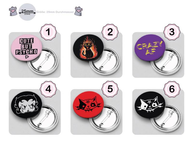 Pinback Buttons - 25mm Durchmesser Ansteckbuttons Mit Lustigen, Niedlichen, Rock'n'roll-, Musik-, Illustrations- Und Charaktermotiven von UpkatShop
