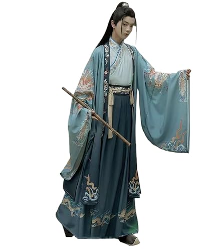 Chinesischer Hanfu Anzug Herren Traditioneller Hanfu Retro Cosplay Kampfkunst Hanfu Sets Hemd Oberteil+Rock+Strickjacke mit Weiten Ärmeln (A,XL) von Uplateng