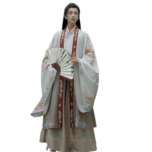 Chinesischer Hanfu Anzug Herren Traditioneller Hanfu Retro Cosplay Kampfkunst Hanfu Sets Hemd Oberteil+Rock+Strickjacke mit Weiten Ärmeln (B,3XL) von Uplateng