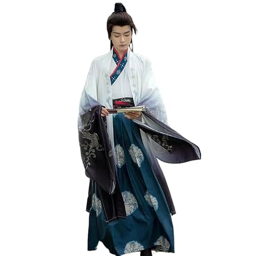 Chinesischer Hanfu Anzug Herren Traditioneller Hanfu Retro Cosplay Kampfkunst Hanfu Sets Hemd Oberteil+Rock+Strickjacke mit Weiten Ärmeln (C,XXL) von Uplateng