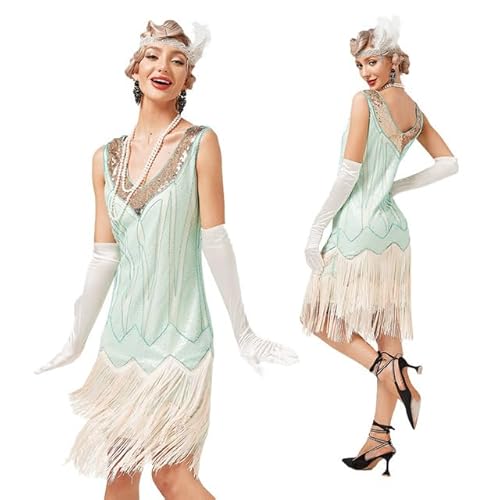 Damen-Kleid mit V-Ausschnitt, Perlen, Fransen, Quasten, Cocktail-Abschlussball, Hochzeit, Party, Club, Swing-Kleid, tolles Gatsby-Kleid im Flapper-Stil der 1920er-Jahre, Größe XS-3XL (Light Green,M) von Uplateng