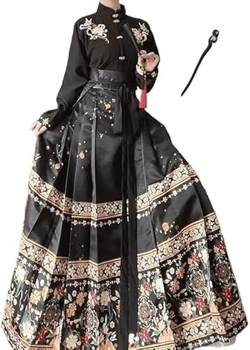 Hanfu-Pferdegesichtsrock für Damen, chinesischer traditioneller Vintage-Hanfu-Faltenrock, Rot, Blau, Schwarz, Beige, Hemd + Rock-Sets + Haarnadel aus Holz, Übergröße XL (Black Set,S) von Uplateng