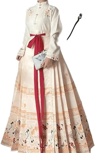 Hanfu-Pferdegesichtsrock für Damen, chinesischer traditioneller Vintage-Hanfu-Faltenrock, Rot, Blau, Schwarz, Beige, Hemd + Rock-Sets + Haarnadel aus Holz, Übergröße XL (White with beige,XL) von Uplateng