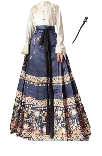 Hanfu-Pferdegesichtsrock für Damen, chinesischer traditioneller Vintage-Hanfu-Faltenrock, Rot, Blau, Schwarz, Beige, Hemd + Rock-Sets + Haarnadel aus Holz, Übergröße XL (White with Blue,L) von Uplateng