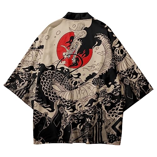 Japanischer Kimono, Anime-Drachen-Druck, übergroße Oberteile, 6XL, lockere Sommer-Strand-Hemden, japanische Cosplay-Männer und Frauen, Strickjacke, Haori, Hip-Hop-Streetwear (D,4XL) von Uplateng