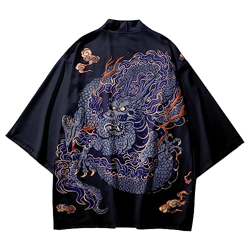 Japanischer Kimono, Anime-Drachen-Druck, übergroße Oberteile, 6XL, lockere Sommer-Strand-Hemden, japanische Cosplay-Männer und Frauen, Strickjacke, Haori, Hip-Hop-Streetwear (E,XXL) von Uplateng