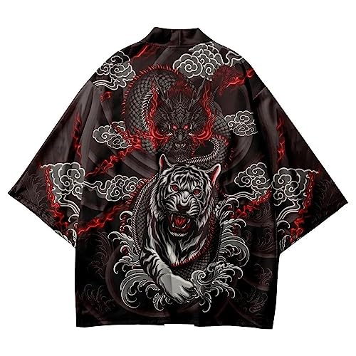 Japanischer Kimono, Anime-Tiger-Druck, übergroße Oberteile, 6XL, lockere Sommer-Strand-Hemden, japanische Cosplay-Männer und Frauen, Strickjacke, Haori, Hip-Hop-Streetwear (B,6XL) von Uplateng