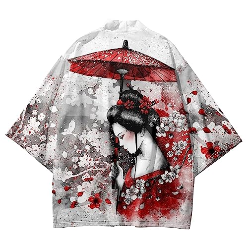 Japanischer Kimono, Anime-Tiger-Druck, übergroße Oberteile, 6XL, lockere Sommer-Strand-Hemden, japanische Cosplay-Männer und Frauen, Strickjacke, Haori, Hip-Hop-Streetwear (C,6XL) von Uplateng