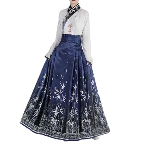 Uplateng Chinesisches traditionelles Hanfu-Kleid, Pferdegesichtsrock, Damen, Ming-Dynastie, Vintage-Kleidung, Faltenrock, Cosplay-Kostüm (Blue Set,XL) von Uplateng