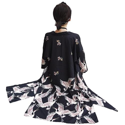 Uplateng Damen Harajuku Lose Lange Kimono Japanische Retro Strickjacke Kranich 3/4 Ärmel Yukata Robe Sommer Strand Schal Bademantel M-5XL Übergroß (3XL) von Uplateng