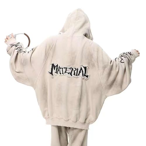 Uplateng Dark Dirty Dye Plastered Distressed Destroyed Reißverschluss Kapuzenpullover Herren Übergroßes Sweatshirt M-3XL (3XL,Khaki) von Uplateng