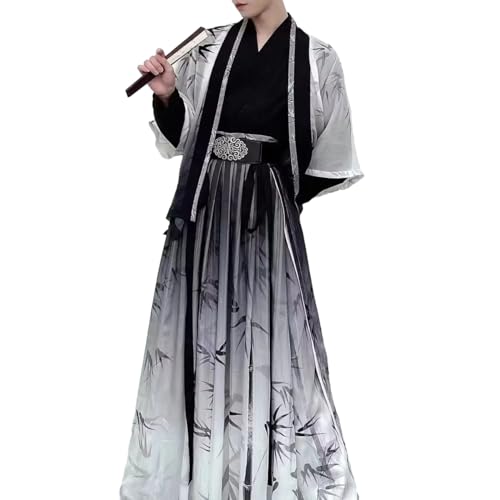 Uplateng Hanfu Männer Plus Größe 3XL Halloween Cosplsy Kostüm Chinesischen Traditionellen Alten Hanfu Druck Bambus Grau & Schwarz 4 Stücke Sets Plus Größe (Gray-White,XXL) von Uplateng