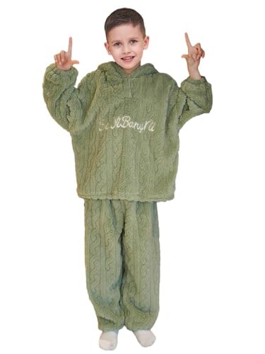 Uplateng Jungen Flanell Hoodied Pyjama Kinder Korallen Fleece Nachtwäsche Winter Warme Schlafanzüge Zweiteiliges Set 120-170 (Green,160) von Uplateng