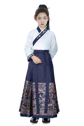 Uplateng Kinder Unisex Chinesischer Traditioneller Hanfu Anzug Jungen Coole Chinesische Hanfu Anzüge Mädchen Retro Pferdegesichtsrock 2-Teiliges Set 110–160 (girls blue,120) von Uplateng