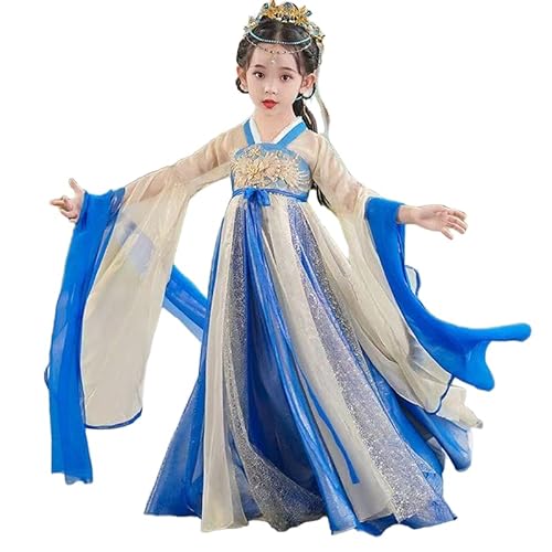 Uplateng Mädchen Chinesischer Hanfu Kinder Traditioneller Retro Hanfu Tang Anzug Prinzessinnenkleid Hemd mit großen Ärmeln Hanfu 110–160 (Blue,140) von Uplateng
