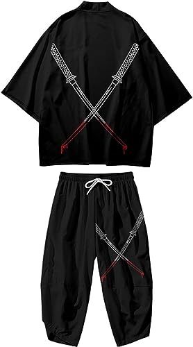 Uplateng Zweiteiliger Anzug S-6XL Lose japanische Strickjacke Damen Herren Cosplay Yukata Kleidung Harajuku Samurai Kimono + Hosen Sets (Black A,4XL) von Uplateng