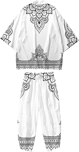 Uplateng Zweiteiliger Anzug S-6XL Lose japanische Strickjacke Damen Herren Cosplay Yukata Kleidung Harajuku Samurai Kimono + Hosen Sets (White A,L) von Uplateng