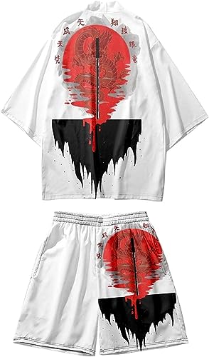 Uplateng Zweiteiliger Anzug S-6XL Lose japanische Strickjacke Damen Herren Cosplay Yukata Kleidung Harajuku Samurai Kimono + Hosen Sets (White C,XXL) von Uplateng