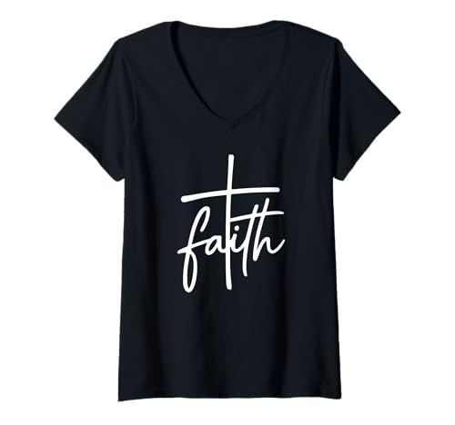 Damen Glaube Kreuz Christian Handschrift Stil Religiöse Typografie T-Shirt mit V-Ausschnitt Damen Glaube Kreuz Christian Handschrift Stil Religiöse Typografie T-Shirt mit V-Ausschnitt von Uplifting Scripture Bible Verse Tee Company