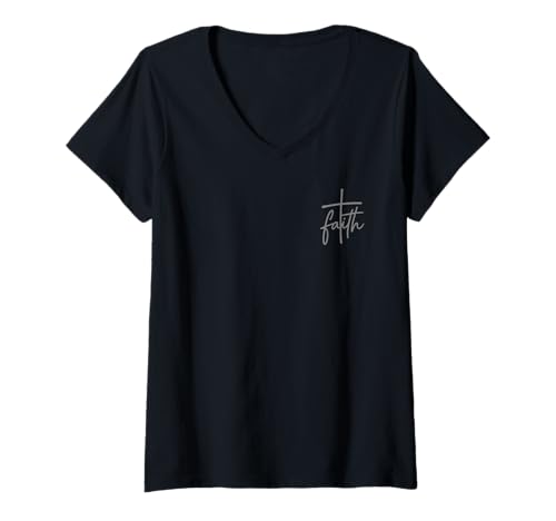 Damen Minimalistisches christliches handgeschriebenes Faith T-Shirt mit Kreuztaschenlogo T-Shirt mit V-Ausschnitt von Uplifting Scripture Bible Verse Tee Company