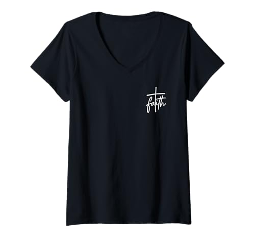 Damen Minimalistisches christliches handgeschriebenes Faith T-Shirt mit Kreuztaschenlogo T-Shirt mit V-Ausschnitt von Uplifting Scripture Bible Verse Tee Company