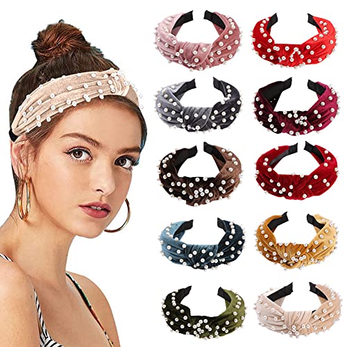 10 Stück Stirnbänder für Frauen Perlen Stirnbänder Verdrehte Kunstperlen Samt Knotted Stirnband Frauen Breiter Haarreifen Vintage Dehnbar Turban Haarschmuck Dekoration für Mädchen Frauen Hochzeit von Uposao