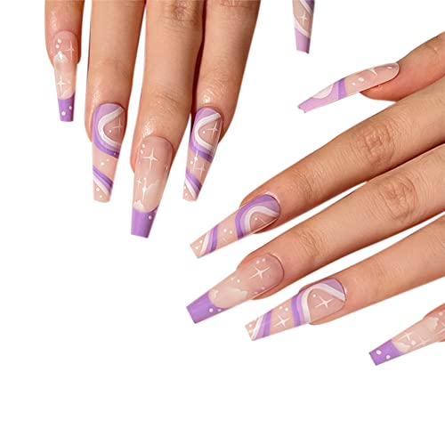 24 Stück Sarg Ballerina Falsche Nägel zum aufkleben, Lange Falsche Nägel Französisch Fingernägel Acryl Kunst Drücken Sie auf die Nagelspitzen Press on Nails für Frauen Mädchen,Lila Streifen von Uposao