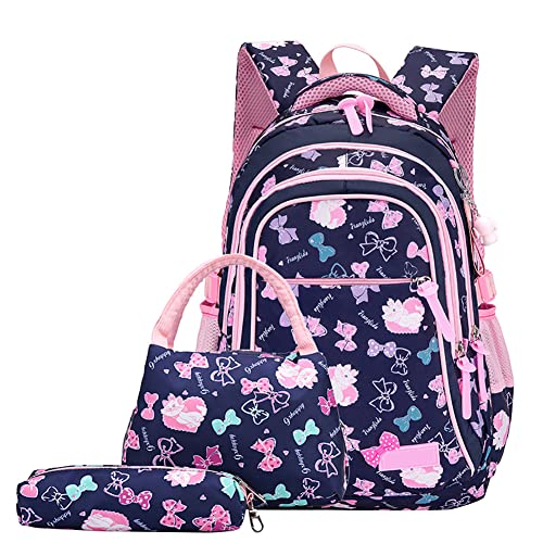 Schulrucksack Set Mädchen 3 Teilig, Schultasche ab 5 Klasse Ergonomischer Schulranzen Schul Rucksack Nylon Wasserdicht Daypacks Schultasche Rucksack für Mädchen mit der Großen Kapazität,Dunkelblau von Uposao