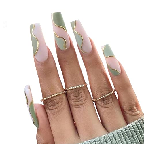 Uposao 24 Stück Sarg Ballerina Falsche Nägel zum aufkleben, Lange Falsche Nägel Französisch Fingernägel Acryl Kunst Drücken Sie auf die Nagelspitzen für Frauen Mädchen für DIY Maniküre,Grün von Uposao