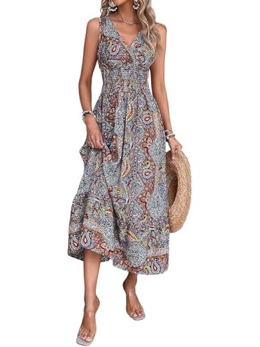 Uposao Damen Sommerkleider Blumenmuster V Ausschnitt Ärmellos Böho Kleider Elastische Hoher Taille Kleid Strandkleider Lang Kleider Für Frauen von Uposao