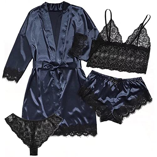 Uposao Damen Vierteiliger Satin Pyjama Schwarzer Spitzenunterwäsche Set Kurze Robe mit Gürtel Seide V-Ausschnitt Nachtwäsche Frühling Sommer Herbst Morgenmantel weich Nachtwäsche Shorts von Uposao