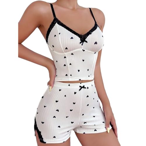 Uposao Pyjama Damen Kurz Schlafanzug Frauen Nachtwäsche Herz Spitzen Cami Top Zweiteiliger Loungewear Sleepwear V-Ausschnitt Zweiteiliger Pjs Sets Hausanzug Weiß XL von Uposao