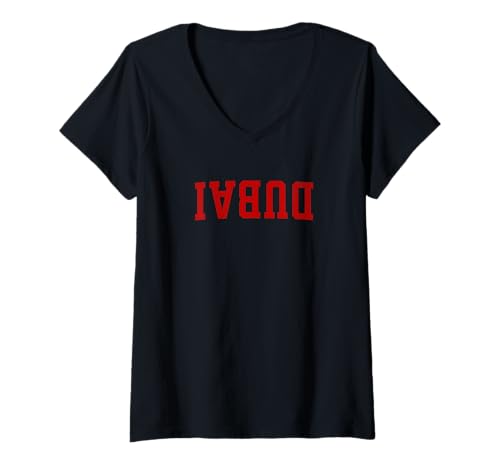 Damen Umgedrehter Stadtname Dubai T-Shirt mit V-Ausschnitt von Upside Down Cities Graphics Collection