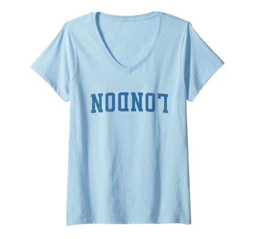 Damen Umgedrehter Stadtname London T-Shirt mit V-Ausschnitt von Upside Down Cities Graphics Collection