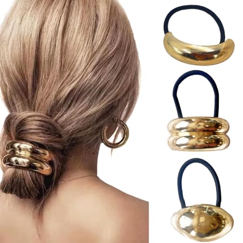 Metall-Haargummis, geometrisch, elastisch, goldfarben, Haargummis für dickes Haar, elastische Haargummis, Pferdeschwanz-Manschette, Haarschmuck für Damen, 3 Stück Metall-Haargummis, geometrisch, elastisch, goldfarben, Haargummis für dickes Haar, elastische Haargummis, Pferdeschwanz-Manschette, Haarschmuck für Damen, 3 Stück von Upstore