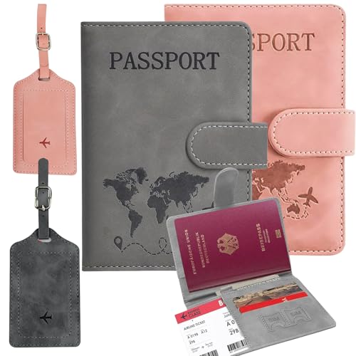 UptVin 2 Stück Reisepasshülle, Passport Hülle mit Kofferanhängern Passport Cover für Damen Herren Reisepass Organizer mit RFID-Blocker für Pässe Kreditkarten Reisedokumente (Rosa & Seegrau) von UptVin