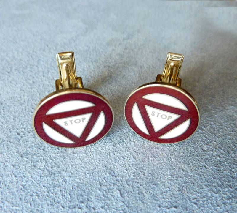 Emaille Manschettenknöpfe International Stop Schild Symbol Vintage Rot Weiß Gold Ton Bräutigam Trauzeugen Hochzeit Jcd1 von UptownAntiques